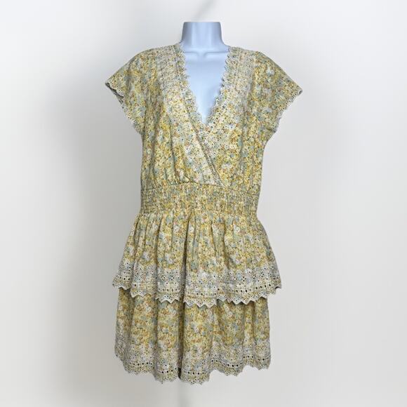 American Eagle Women’s Floral Eyelet Tiered Mini Dress L Yellow Boho Lace Cotton - Picture 1 of 15